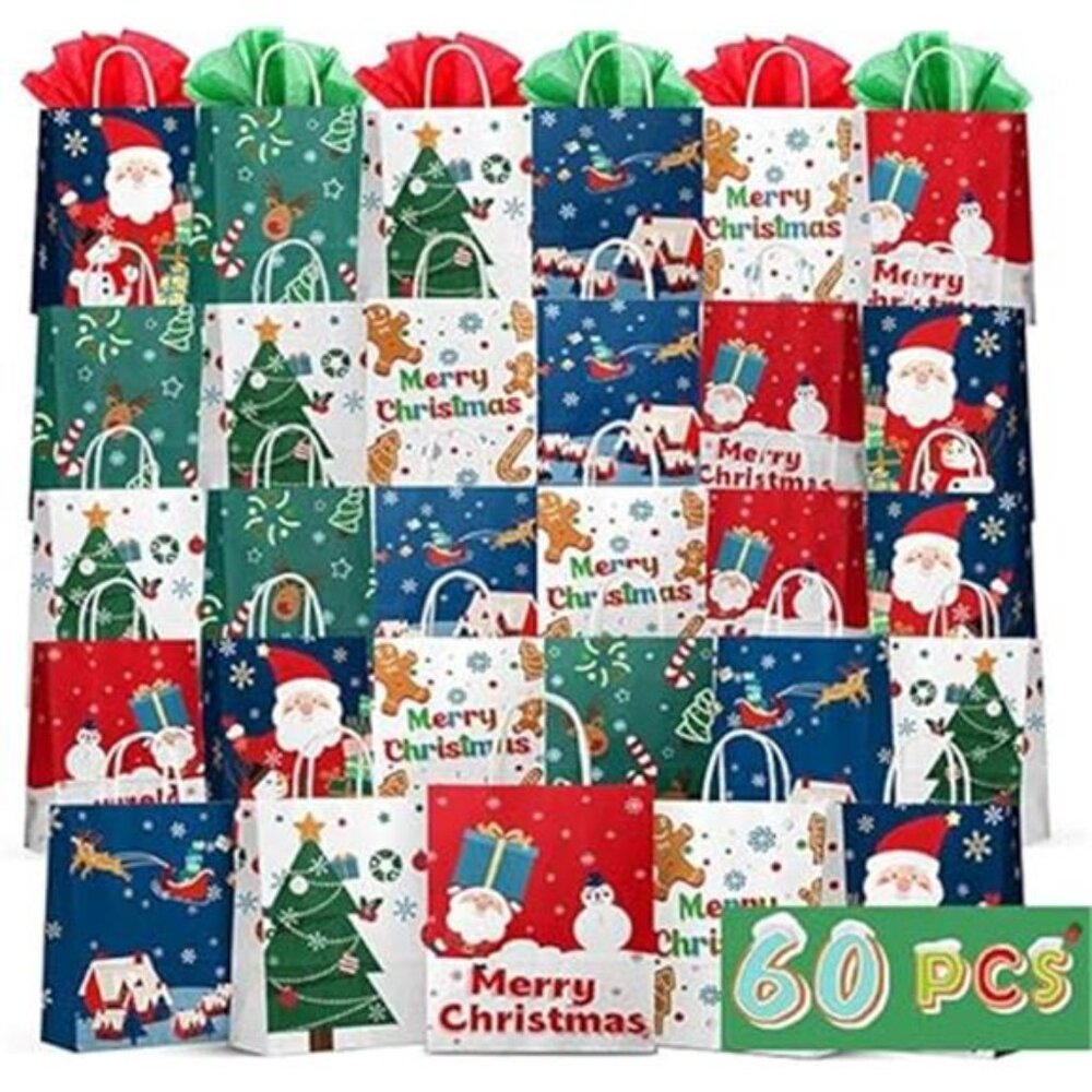Christmas Gift‎ Bags 60 PCS - Reusable Small Holiday Bags with Tissue, 6 Styles